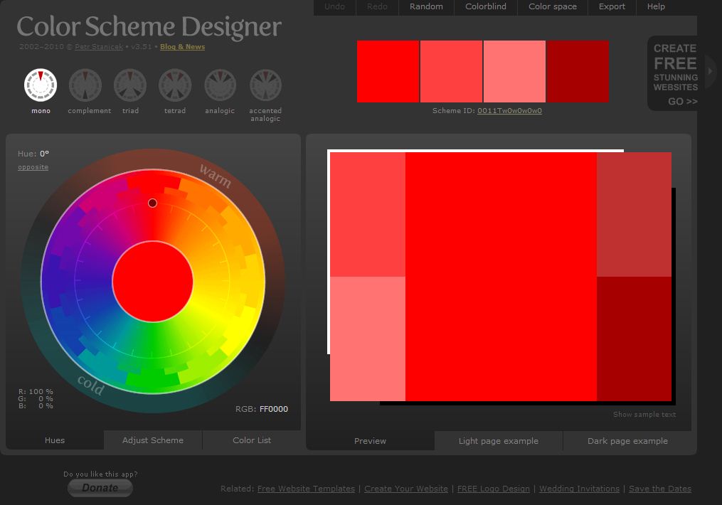 Color Scheme Designer - интерфейс на приложението Color Scheme Designer app interface